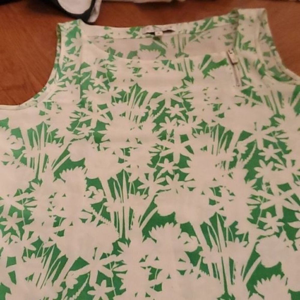 Chaus New York Green White Floral Sleeveless Blouse Zipper Shoulder Medium